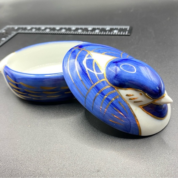 OTIGIRI Porcelain Duck Trinket Box Blue White Gold - Picture 5 of 8
